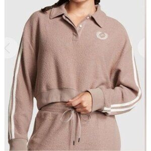 Victorias Secret PINK Fleece Varsity Cropped Sweatshirt Sz M Brown Sherpa Henley
